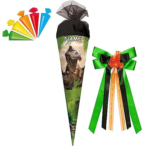 ROTH personalisiert mit Name, großer Schleife und 5 kleinen Schultüten Schultüte Tyrannosaurus Zuckertüte Schulanfang Einschulung Schule Kinder: Größe: 35cm rund