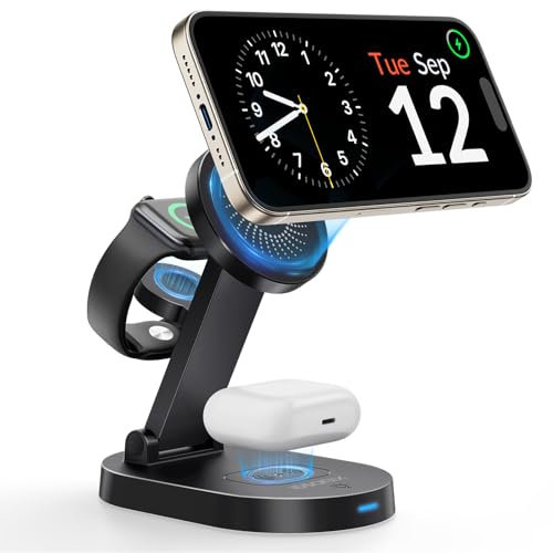 iDsonix 3-in-1-Kabelloses Ladegerät für iPhone, 18 W schnelles magnetisches Telefonladegerät mit verstellbarem Ständer und Licht, Mag-Safe-Ladeständer für iPhone 16-12-Serie, Airpods, iWatch, Schwarz