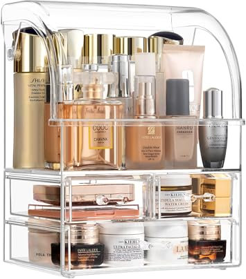 SIOOUI Cosmetic Organizer, Large Acrylic Clear Cosmetics Storage Display Case with Drawers, Perfume Makeup Organizer Box with Waterproof Cover for Bedroom Vanity Desk,Counter, Bathroom, Dresser