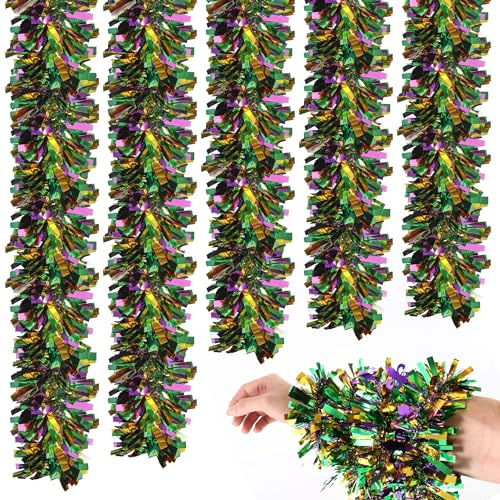 Mardi Gras Lametta Girlande Bündel, 5 Stück Funkelnde Metallic Lila Grün Gold Dekoration, je 3.0 m - Vielseitige festliche Hängedekoration für Party und Outdoor Feiern