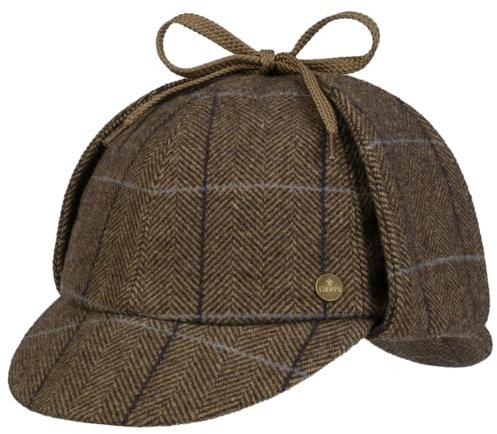 LIERYS Deerstalker Check Cap Klassische Jagdmütze Wollcap mit Ohrenklappen Herren Made in Germany Herbst/Winter beige-braun 60 cm
