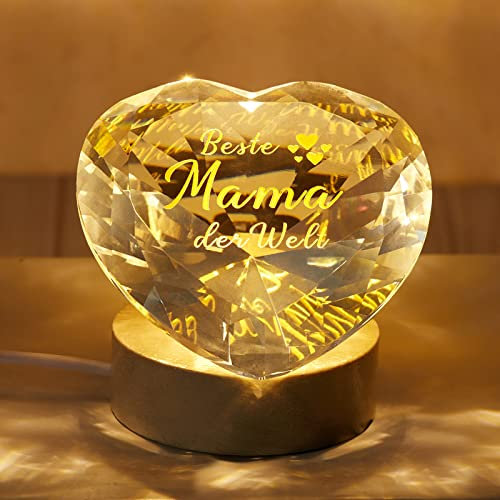 Weewooday Beste Mama der Welt Muttertagsgeschenke für Mama 8 x 8 cm Herzförmiger Gravierter Kristall und Rundem LED Leuchtsockel Geschenk für Weihnachten Geburtstag Ornament
