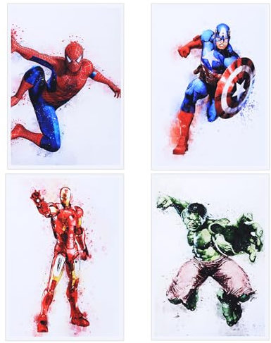 4 Stück Superhelden Aquarell Kunst Poster Kinderzimmer Bilder Set, Leinwanddruck Wandkunst Wanddekorationen Kinderzimmer Deko Anime Wandbild Malerei Jungen Geschenke 22 x 31 cm (Kein Rahmen)