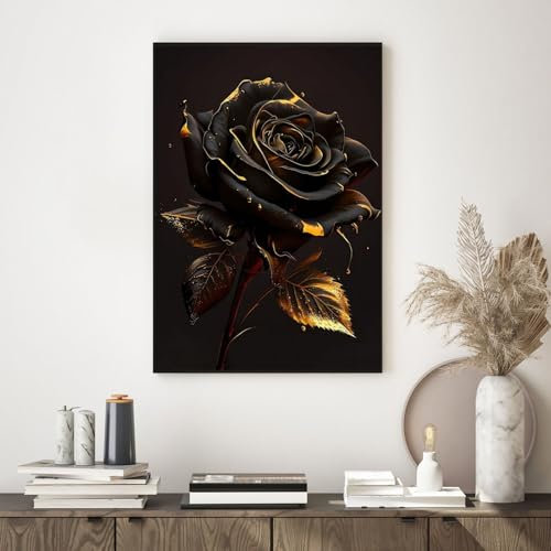 VTRXEG Bilder Schwarz Blume Gold Abstrakt,Modernes blumen bilder auf leinwand,Für Wohnzimmer Schlafzimmer Wanddekoration poster Ohne Rahmen (40x60cm)