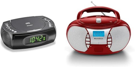Karcher UR 1308 - Radiowecker mit CD-Player und Radio (UKW) & RR 5025-R tragbares CD Radio (CD-Player, Boomboxen, UKW Radio, Batterie/Netzbetrieb, AUX-In) rot
