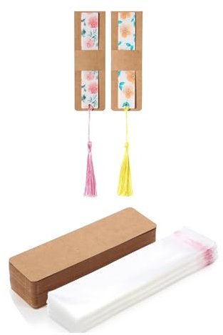 Puco Lesezeichenhalter, 100 Stück, Hüllen für selbstgemachte Lesezeichen, leere Displaykarten, vielseitiger Kraft-Lesezeichenhalter, transparente selbstklebende Taschen
