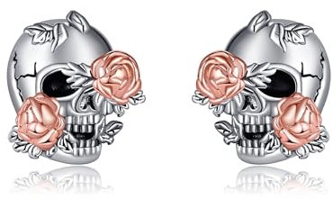 Skull Earrings 925 Sterling Silver Skull Flower Stud Earrings Gothic Earrings Skeleton Jewellery Gift for Women Girls