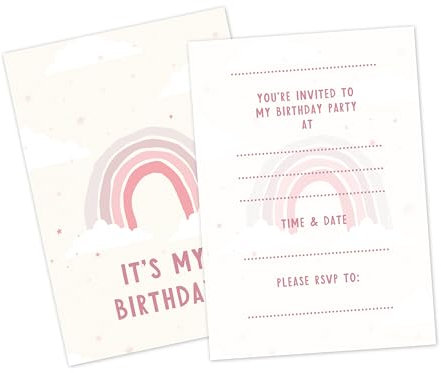 Manta Makes 12 x Pink rainbow birthday invitations for girls, party invites for girls birthday party, pink party invitations for kids (12 Invites Only - No envelopes)