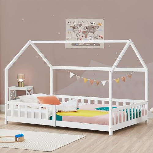 [en.casa] Kinderbett Hesel Hausbett Weiß 90 x 200 cm mit Rausfallschutz und Lattenrost Montessori Bodenbett Jugendbett Holzbett