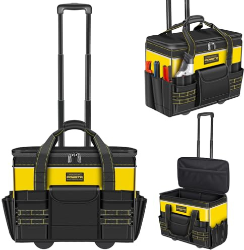 POWSTR 21 inch Rolling Tool Bag with Wheels, Waterproof Tool Bag with Telescopic Handle, 18 Pockets, Multi-Purpose Tool Bags for Construction, Electrician, Yellow/Black