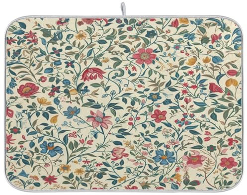 Tapis de séchage à vaisselle vintage floral coloré feuilles beige tapis de séchage à vaisselle portable 40,6 x 45,7 cm gadgets de comptoir de cuisine égouttoir à vaisselle tapis de séchage de