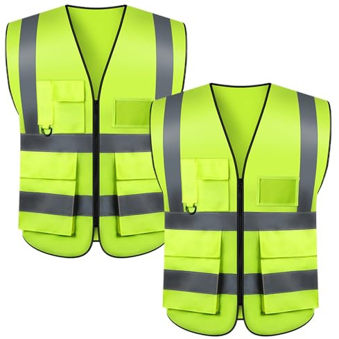 Houkary 2 Pezzi Gilet di Sicurezza Riflettente, Antinfortunistici Gilet Alta visibilità Riflettente con Tasche e Cerniera, Gilet Catarifrangente, Giubbotto Catarifrangente per Uomini e Donne