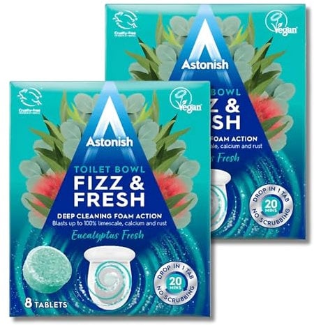 Astonish Fizz and Fresh Toilet Bowl Tablets, Eucalyptus Fresh - Pack of 2, (8 Tablets per Pack), Effervescent Cleaning and Deodorizing Solution for Sparkling Clean and Fresh-Scented Toilets