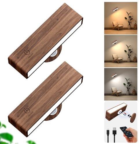 DetarZinLED Wandleuchte Akku mit Fernbedienung,2 Stück Wandlampe ohne Stromanschluss Holz,Dimmbar Wandleuchte ohne Bohren mit 3 Farbmodi,Touch Wandleuchte Kabellose Innen,Nachttischlampe Wandmontage