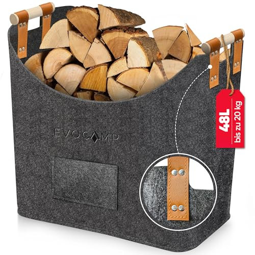 EVOCAMP Filzkorb XXL - 69L, Filztasche groß, mit Holzgriffen, Körbe Aufbewahrung, Holzkorb für Kaminholz, Kaminholzkorb, Kaminholztasche, Brennholzkorb, Zeitungskorb aus Filz (44x44x30 cm), grau