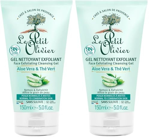 LE PETIT OLIVIER - Gel Nettoyant Purifiant - Aloe Vera & Thé Vert - Nettoie & Rafraîchit - Peaux Normales à Mixtes - 98% D'Origine Naturelle - Sans Sulfate - Fabriqué en France - 150 ml (Lot de 2)