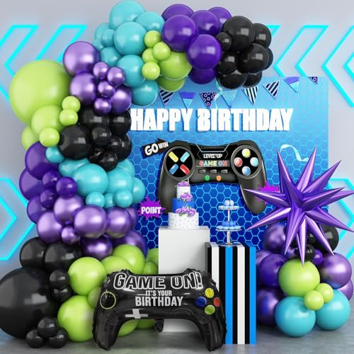 Video Game Balloon Arch Garland Kit, Teal Blue Purple Green Black Balloons | Video Game Birthday Decorations with Game Handle Foil Balloons for Video Game Theme Birthday Party Boys Night Decor
