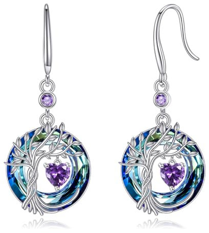 Tree of Life Earrings 925 Sterling Silver Dainty Amethyst Dangle Drop Gemstone Earring February Birthstone Fine Jewelry Birthday Christmas Gifts for Women Her
