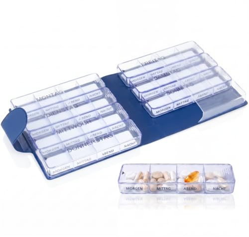 Kibodan Medimax tablettenbox 7 tage mit 1 Extra-Box (8 Boxen) – Reisefreundlicher Medikamenten- und Vitamindosierer mit 4 großen Fächern. Der perfekte Pillen-Organizer für 4-mal täglich (Blau)