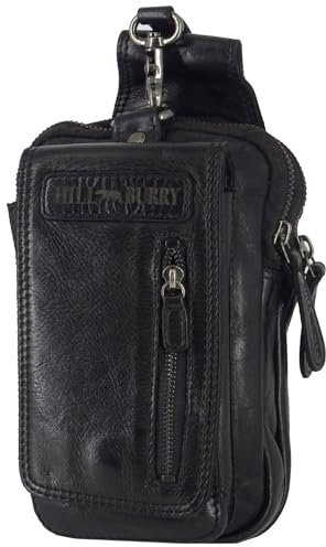 Hill Burry Echt-Leder Bauchtasche & kleine Umhängetasche | Gürteltasche aus hochwertigem echtem Leder | Herren - Damen Wandertasche/Hüfttasche | Partytasche Waschleder (Schwarz)