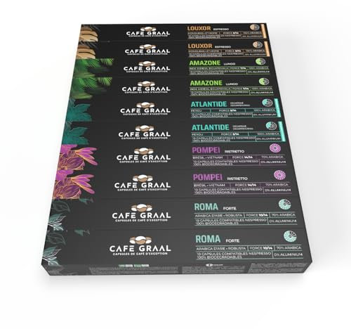 Cafegraal – Coffret de 100 Capsules Compatibles avec Nespresso | 5 Cafés Gourmands aux Arômes Intenses | Compostables, Biodégradables | Torréfaction Artisanale | Sans Aluminium