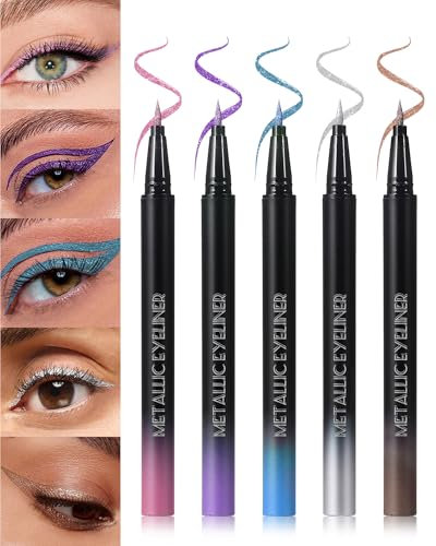 5 Farben Glitter Liquid Eyeliner Set, Silber Braun Blau Lila Rosa Metallic Shimmer Kajalstift, Glitzer Eyeliner Wasserfest Langlebig, Ultrafeine Feder, High Pigment Augen Makeup für Cosplay Party-SetA
