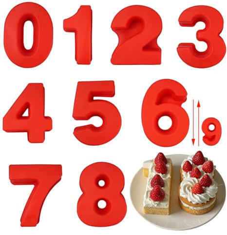 Velicber 9 Pièces Moules à Gâteau 3D en Silicone 0-8 Number Cake Moule Rouge Moule à Gâteau Chiffre Moule Forme Grands pour Mariages Mariage Anniversaires Fêtes