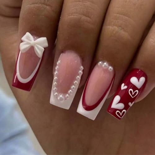 Goiern 24Pcs quadratisches French Tip Press On Nails-Set mit mittelgroßer 3D-Schleife und herzförmigen Perlen, passt perfekt in das Set mit künstlichen Acrylnägeln