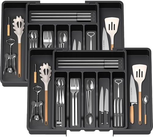 KOOSREEL Plateau d'Ustensiles Extensible pour Tiroir,Range Couverts,Organisateur de Tiroir pour la Cuisine,Support de Rangement en Plastique pour Couverts, Cuillères, Fourchettes,etc,Noir,2PCS