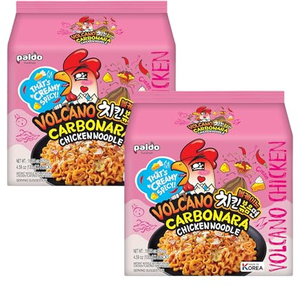 Paldo Volcano Carbonara Chicken Noodles 130g x 8 Packets (Bag of 2) - Bold Fusion of Creamy Carbonara & Fiery Spice | Instant Korean Ramen Multipack