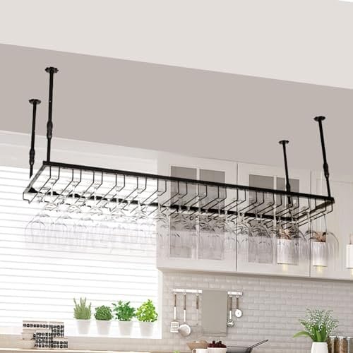 Mensole Sospese Soffitto Regolabile, Portabicchieri Sospeso Metallo, Porta Calici Sospesi Salvaspazio per Sala da Pranzo Home Bar/Cucina/Caffetteria (ferroso, 90x35x(30-60) cm)