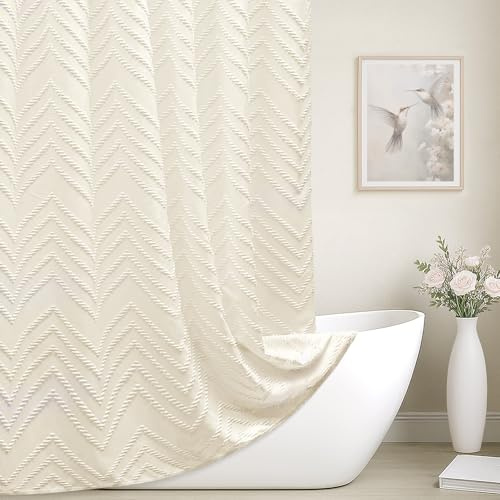 Duschvorhang, extra lang, 183 x 198 cm, Boho, Bauernhaus, Duschvorhang, getuftet, Chevron, strukturiert, gestreift, minimalistisch, Cremefarben