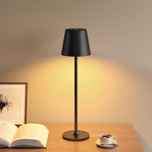 UPXNBOR LED Tischlampe Kabellos, Akku Tischleuchte Kabellos, Indoor und Outdoor Tischlampe Akku, 3-stufig dimmbares Warmlicht, IP54 Wasserdicht, Vollmetallgehäuse, Schwarz