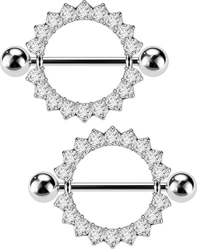 OUFER Body Piercing Nipple Bars 14G/1.6mm 316L Stainless Steel 14mm Clear CZ Shield Nipple Rings Barbebll Piercing Jewellery Sold by Pair