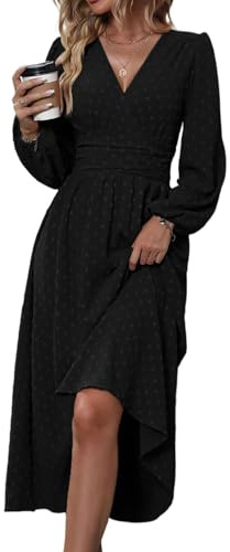 HUXRAKV Robe Longue Femme Chic et Élégante à Manches Longues Col en V Taille Haute Robe Polyvalente pour Soirée Fete ou Décontractée