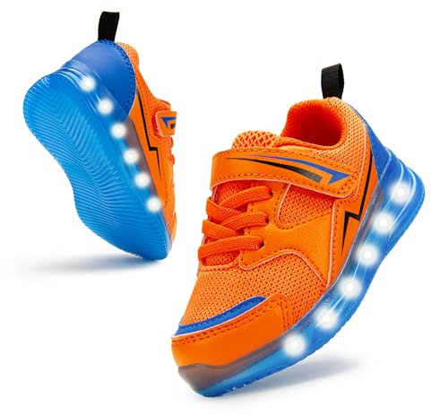 Floranate Toddler Boys Light Up Shoes Size 8 Wide Toe Box LED Flashing Lightweight Non Slip Rubber Outsole Hook and Loop Strap Tennis Shoes for School Orange