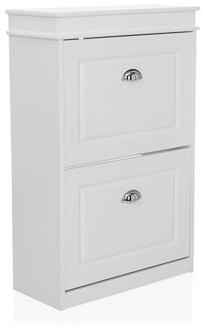 hjh LIVING Schuhschrank ESTHA 2 – Schrank mit 2 Klappen im Vintage-Landhausstil, Retro-Muschelgriffen & platzsparendem Design, Weiß