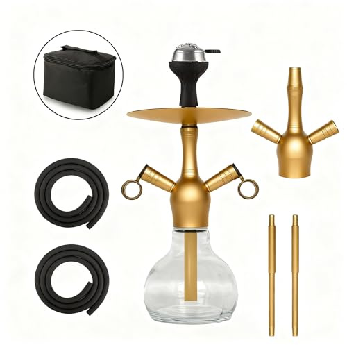 RMAN® Chicha Set Mini Narguilé avec Sac 2 Interfaces 2 Tuyaux Complets Or | Verre, Foyer, Vase de Qualité, Diffuseur, Facile à Nettoyer et Inhaler