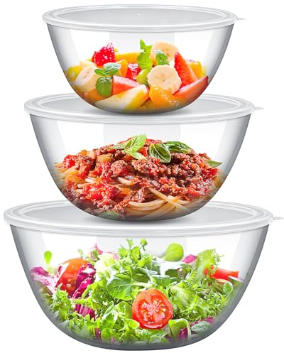 JTKDG Large Glass Mixing Bowls with Lids Set of 3, 1L/2.5L/4.2L | Kitchen Salad Bowls, Space-Saving Nesting Bowls, Round Glass Serving Bowls for Cooking Baking Prepping Dishwasher Safe
