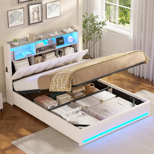 AOGLLATI King Size Ottoman Bed Frame with Hydraulic Storage | 5ft Upholstered Platform Bed frame with Charging Station,Storage Headboard & Led Lights(Beige,King-150x200cm)