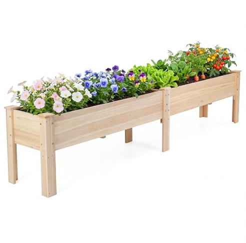 COSTWAY Jardinière avec 2 Zones de Culture en Bois de Sapin, Naturel | Bac à Fleur Surélevé avec Plateaux Amovibles Séparation Trou de Drainage, pour Plante Légume Fleur, 240 x 43,5 x 51,5 CM