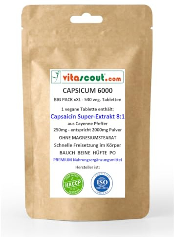 CAPSICUM 6000 Extrakt 540 Tabletten - Capsaicin aus Cayenne-Pfeffer - Extrakt 8:1 - Chili POWER - F-BURNER - Diät Unterstützung & (Fett) Stoffwechsel
