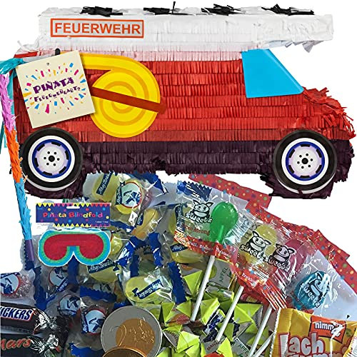 Pinata Set: * FEUERWEHR * + Maske + Schläger + 100-teiliger Süßigkeiten-Füllung No.1 von Carpeta© | Handgefertigte Feuerwehrauto Pinata | Tolles Spiel für Kindergeburtstag und Motto-Party