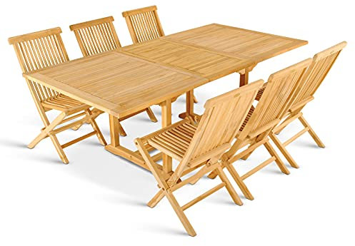 SAM® 7tlg. Gartengruppe Kuba, Teak-Holz Gartenmöbel, 1 x Tisch + 6 x Klappstuhl Menorca, zusammenklappbare Stühle