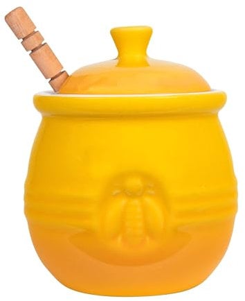 Creative Co-Op DA4177 Pot with Lid & Wood Honey Dipper, Stoneware, Yellow