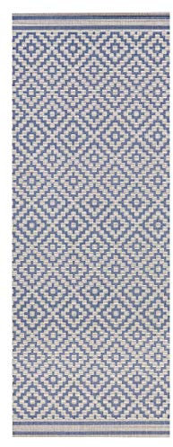 NORTHRUGS In- und Outdoor Teppich Raute 80x200cm - Wetterfest Modern Geometrisches Raute Muster Allover Design Läufer für Balkon Terrasse Garten Wintergarten Wohnzimmerteppich Wasserfest in Blau Creme