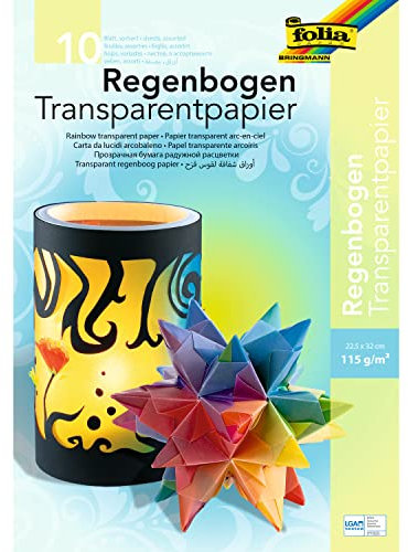 folia 785 - Mappe mit Regenbogentransparentpapier, farbig sortiert, 10 Blatt, 115 g/qm, ca. 22,5 x 32 cm, ideal zum Gestalten von Windlichtern, Fensterbildern und anderen Bastelarbeiten