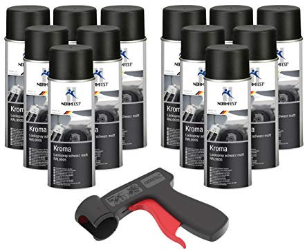 AUPROTEC Pistolengriff + Normfest Lackspray Autolack Schwarz Matt Kroma Sprühlack Farb Spray 12x 400ml