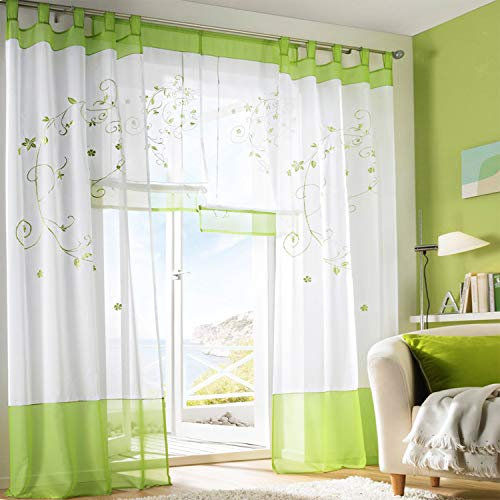 SIMPVALE Vorhänge mit Blumen Muster, Schlaufenschal 2er Set, Stickerei Voile Vorhang Transparent, Stores Gardine für Wohnzimmer, Balkon Schlafzimmer, Weiß mit Grün, Breite 140 Höhe 270 pro Stück