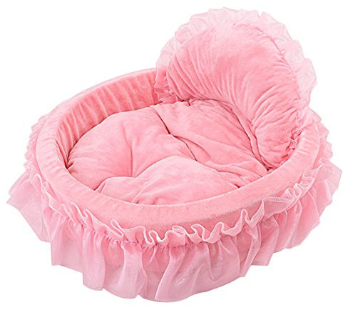 WYSBAOSHU Niedliches Prinzessinnen-Haustierbett, Schleife, Spitze, Katzensofa, weiches Plüsch, kleines Hundekissen, Bett, Kätzchen, Welpen, runde Betten (S, Rosa)